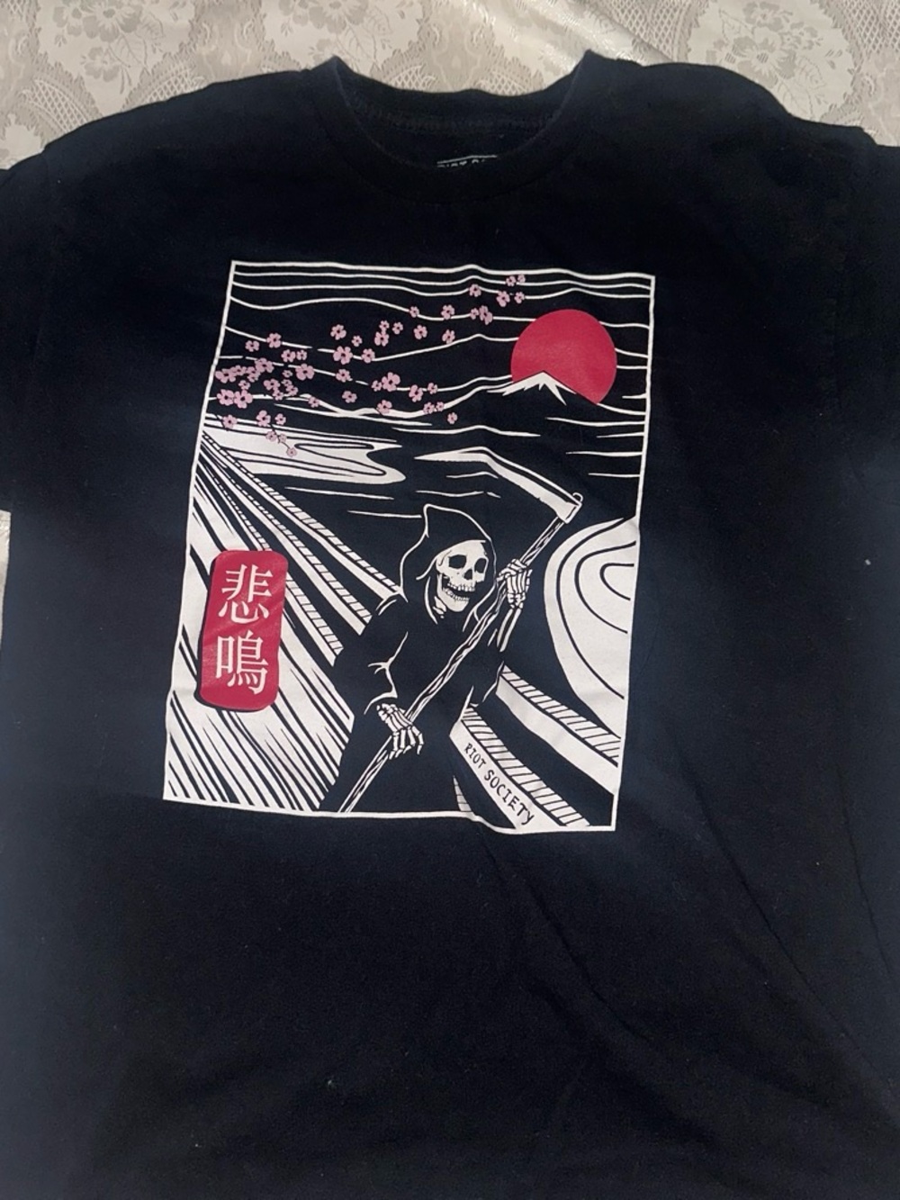 Black Graphic Short-Sleeve Tee with Red and White Print